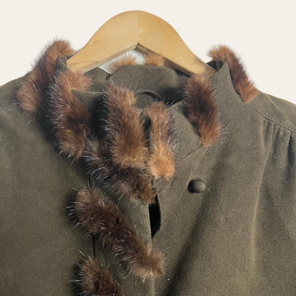 Vintage Oberstoff Brown Faux Suede Faux Fur Trim Long Coat Women's Size 10 - Picture 3 of 12